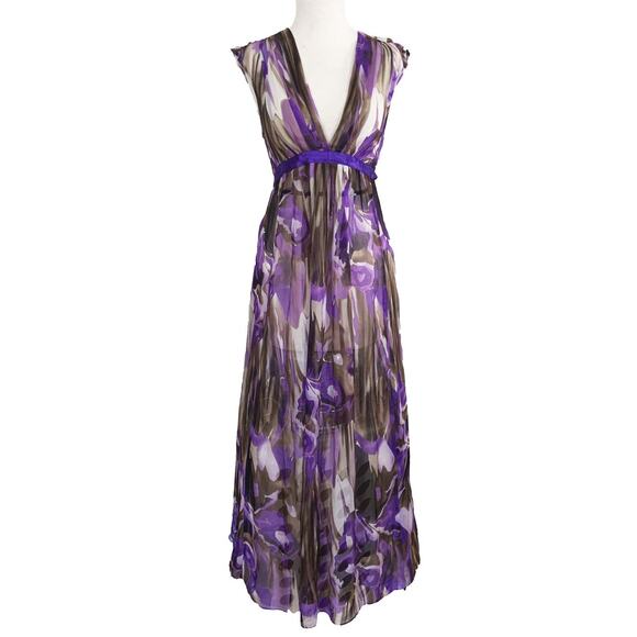 Nelli By Janice Jaraicie Sheer Maxi Dress Purple Silk Empire Waist Deep V-Neck 4 - Picture 1 of 5